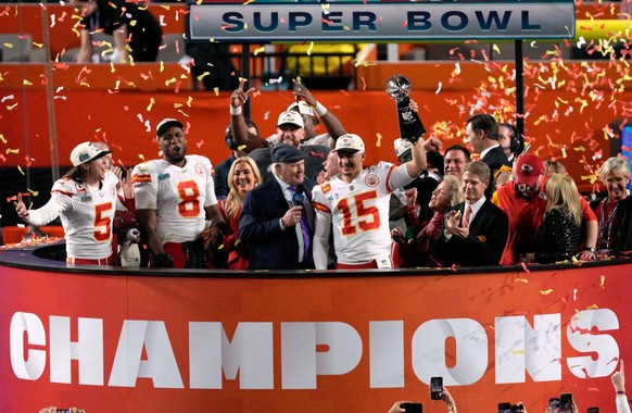 Mandatory Credit: Photo by Dave Shopland/Shutterstock 13762400dk Kansas City Chiefs quarterback Patrick Mahomes 15 lifts The Vince Lombardi Trophy Philadelphia Eagles v Kansas City Chiefs, Super Bowl  ...