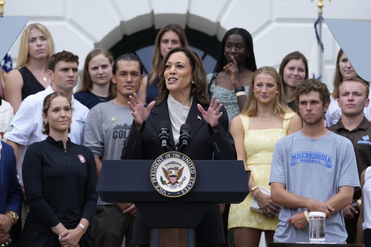 Vice President Kamala Harris speaks from the South Lawn of the White House in Washington, Monday, July 22, 2024, during an event with NCAA college athletes. This is her first public appearance since P ...