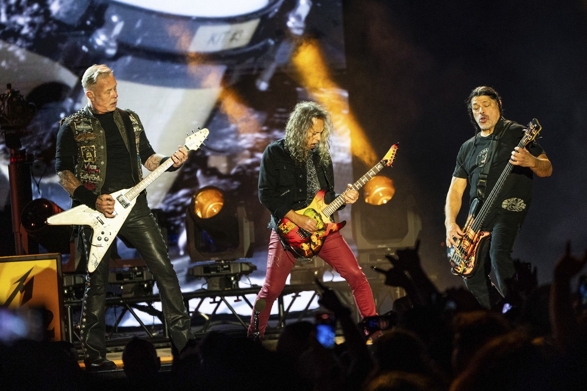 James Hetfield, from left, Kirk Hammett, and Robert Trujillo of Metallica perform during Sonic Temple Art and Music Festival on Friday, May 9, 2025, at Historic Crew Stadium in Columbus, Ohio. (Photo  ...