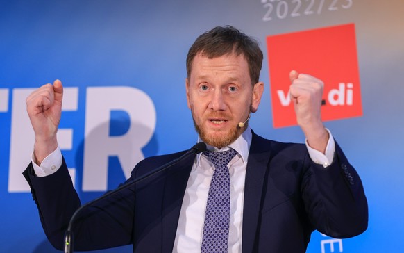 March 3rd, 2023, Saxony, Leipzig: Michael Kretschmer (CDU), Prime Minister of Saxony, speaks at a panel discussion at the conference of the Verdi state districts of Saxony, Saxony-Anhalt and Thuringia...
