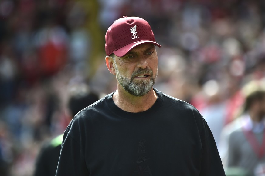 19.08.2023, Großbritannien, Liverpool: Fußball: Premier League, England, FC Liverpool - AFC Bournemouth, 2. Spieltag: Jürgen Klopp, Trainer des FC Liverpool, vor dem Spiel. Foto: Rui Vieira/AP/dpa +++ ...