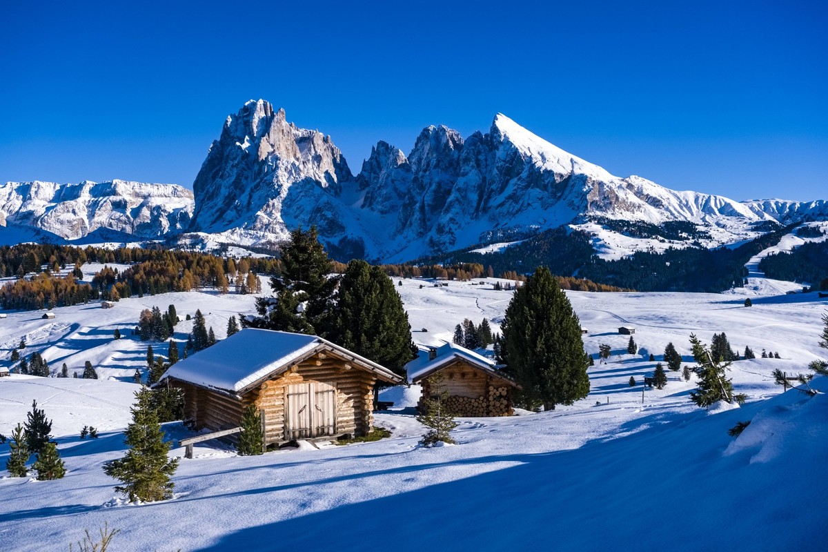 Hilly agricultural countryside with trees, wooden huts and snow-covered pastures at Seiser Alm, in winter, summits of Sassolungo and Sasso Piatto in the distance. Kastelruth Trentino-Alto Adige Italy  ...