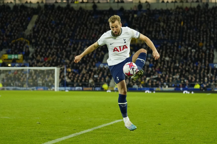 Tottenham&#039;s Harry Kane is in action during the English Premier League soccer match between Everton and Tottenham Hotspur at the Goodison Park stadium in Liverpool, England, Monday, April 3, 2023. ...