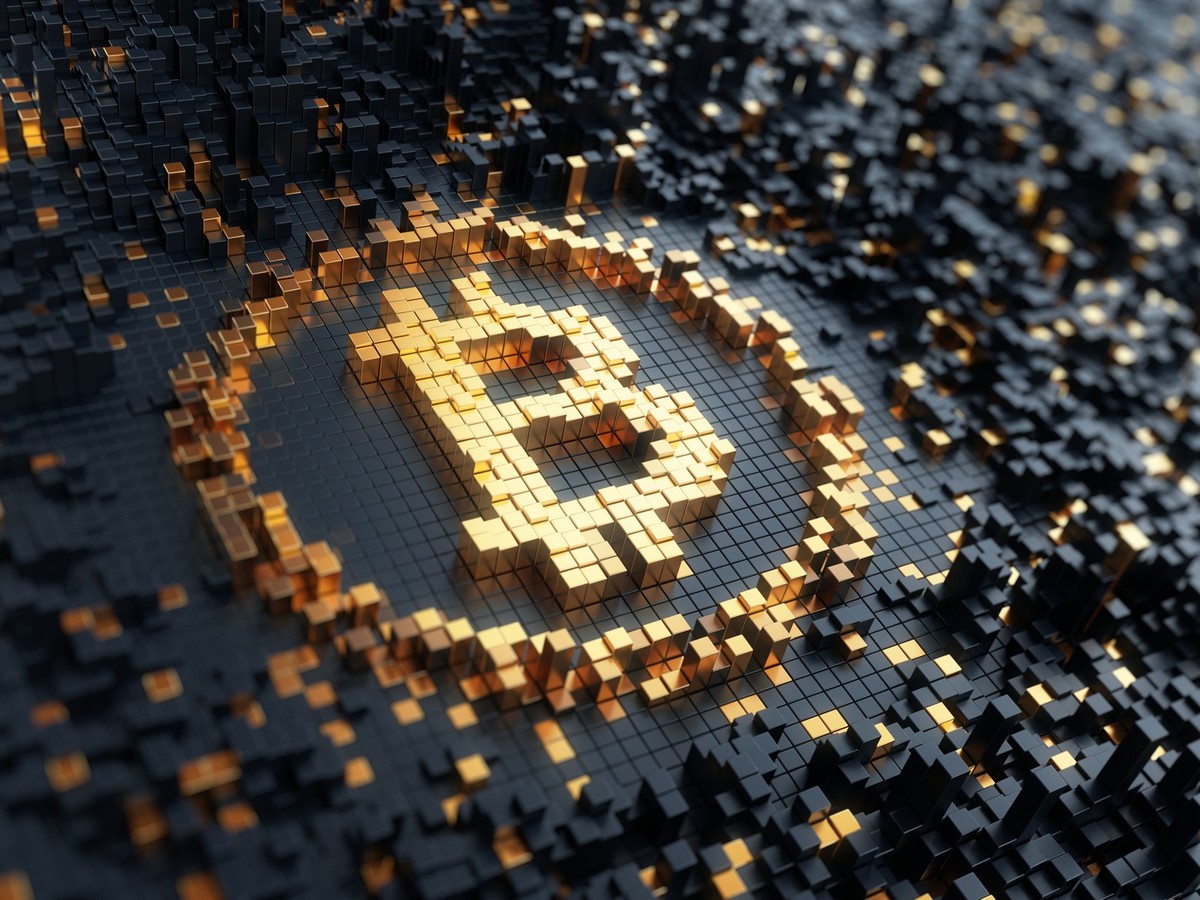 Bitcoin concept - bitcoin sign consisting of block cubes. 3d rendering