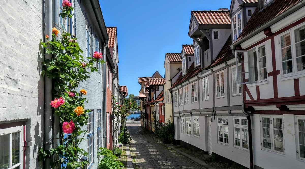 A beautiful view of the identical houses in Oluf-Samson-Gang street in Flensburg, Germany