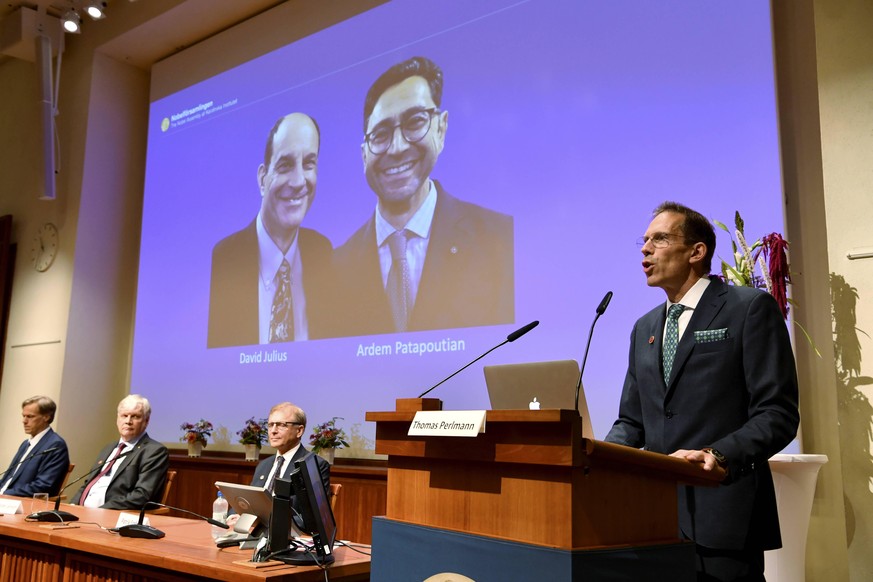Thomas Perlmann, Secretary of the Nobel Assembly and the Nobel Committee announces the winners of the 2021 Nobel Prize in Physiology or Medicine during a press conference at the Karolinska Institute i ...