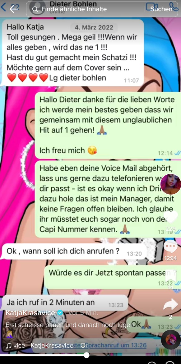 Dieser Screenshot zeigt angeblich den Chat zwischen Bohlen und Krasavice.