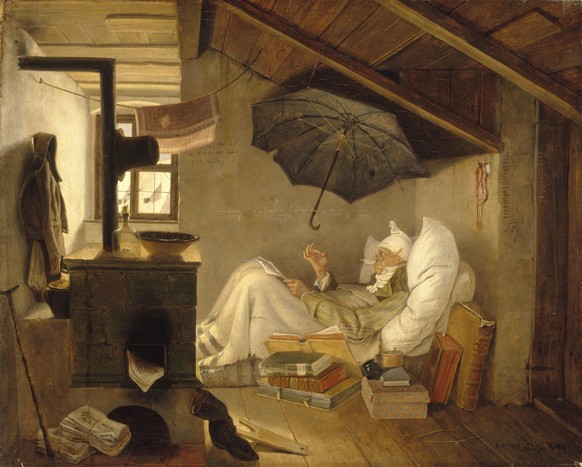 Das Gemälde &quot;Der arme Poet&quot; von Carl Spitzweg, Öl auf Leinwand (Handout Neue Pinakothek). Spitzwegs bekanntestes Werk ist &quot;Der arme Poet&quot;, doch auch Landschaftsbilder, Zeichnungen  ...