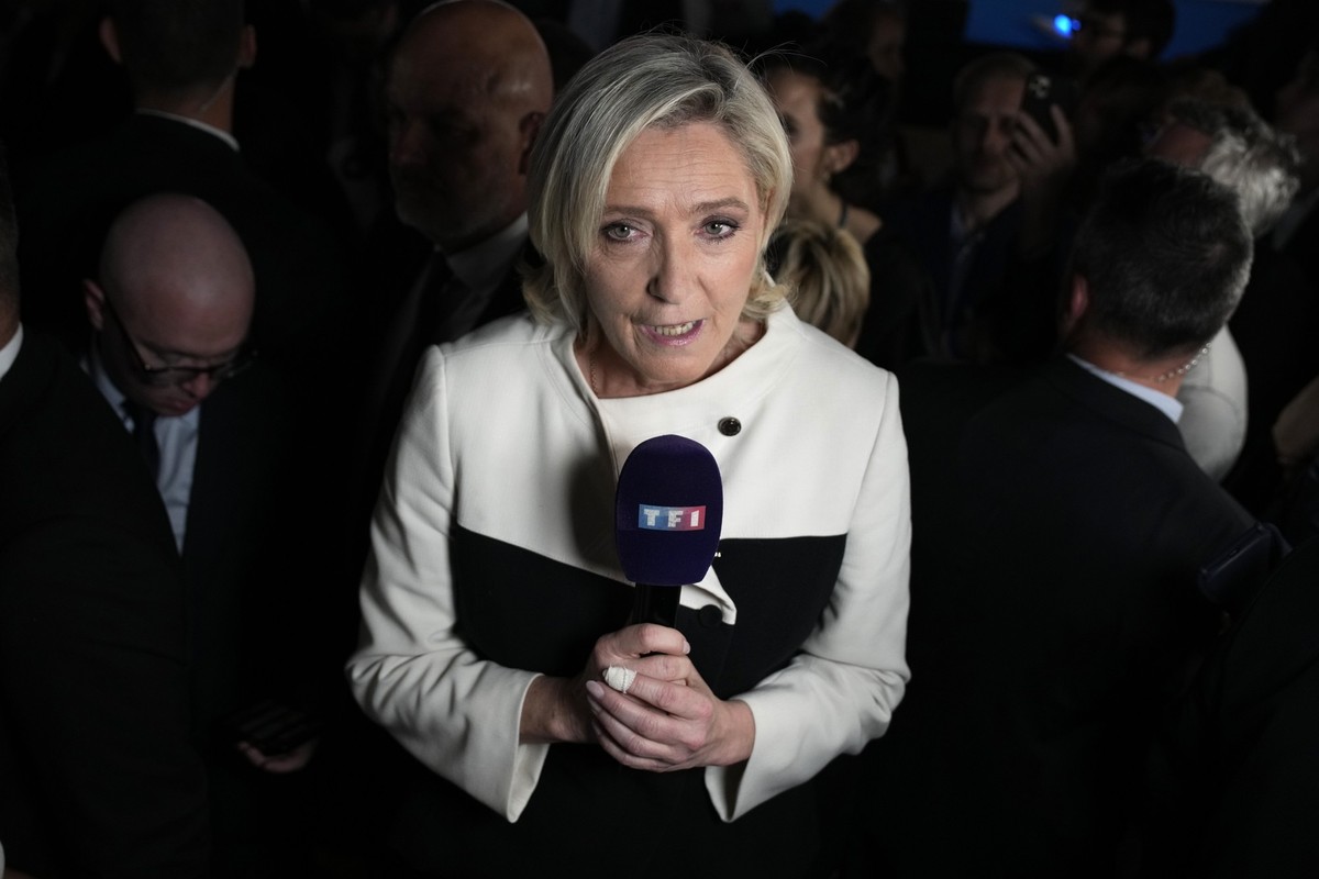Far-right National Rally party leader Marine Le Pen answers a television network after the second round of the legislative election, Sunday, July 7, 2024 at the party election night headquarters in Pa ...