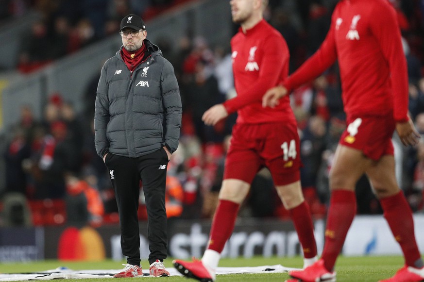 Jurgen Klopp manager of Liverpool watches the warm up during the UEFA Champions League match at Anfield, Liverpool. Picture date: 11th March 2020. Picture credit should read: Darren Staples/Sportimage ...