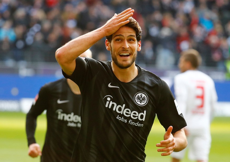 Soccer Football - Bundesliga - Eintracht Frankfurt v FC Augsburg - Commerzbank-Arena, Frankfurt, Germany - April 14, 2019 Eintracht Frankfurt&#039;s Goncalo Paciencia celebrates scoring their first go ...