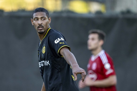 10.01.2023, Spanien, Marbella: Fußball: Testspiele, Fortuna Düsseldorf - Borussia Dortmund: Dortmunds Sebastien Haller gibt Anweisungen. Foto: David Inderlied/dpa +++ dpa-Bildfunk +++