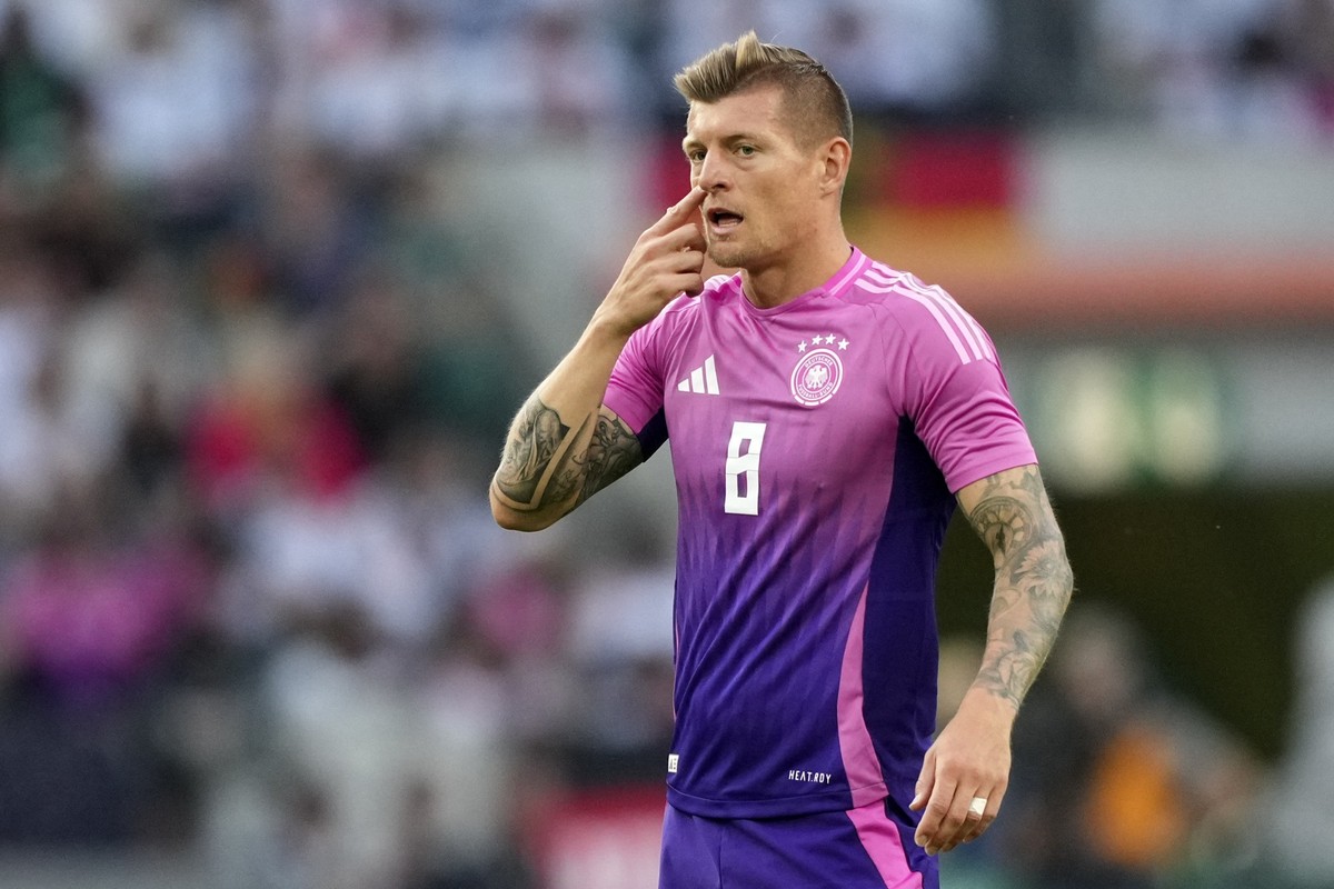 Germany's Toni Kroos reacts during the international friendly soccer match between Germany and Greece at the Borussia Park in Moenchengladbach, Germany, Friday, June 7, 20204. (AP Photo/Martin Me ...