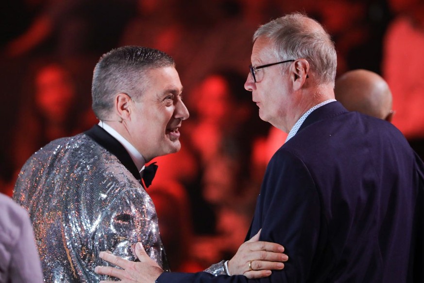 COLOGNE, GERMANY - MAY 19: Juror Joachim Llambi and Günther Jauch are seen on stage during the finals of the 16th season of the television competition show &quot;Let&#039;s Dance&quot; at MMC Studios  ...