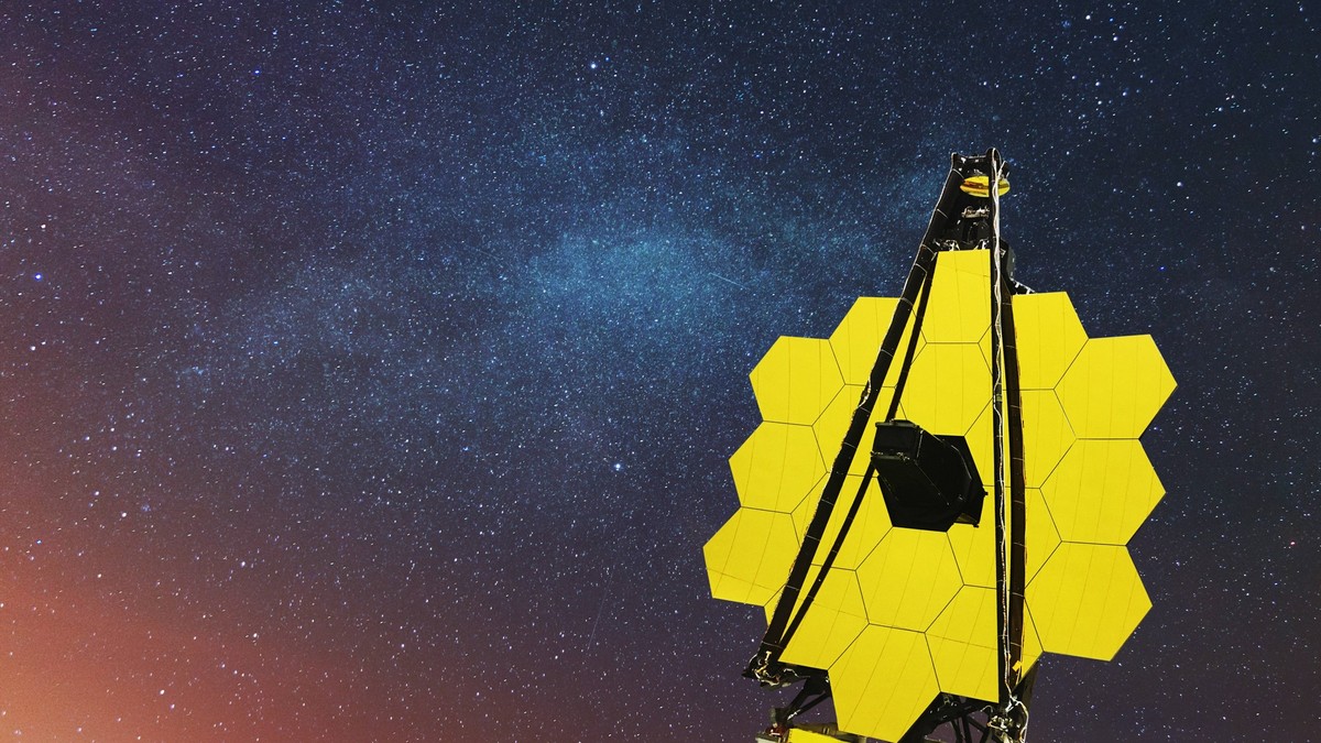 Das neue James Web Space Teleskop fliegt im tiefen Sternenraum und erforscht Sternbilder und Planeten. Raumfahrtmission *** the New James Web Space Telescope flies at deep Star room and explores Const ...