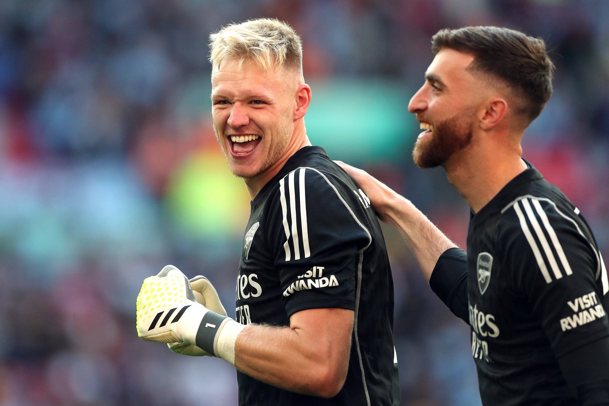 FA Community Shield 06 August 2023 Wembley - FA Community Shield - Arsenal v Manchester City - Arsenal goalkeeper Aaron Ramsdale celebrates with Arsenal reserve goalkeeper Matt Turner - Photo by Mark ...
