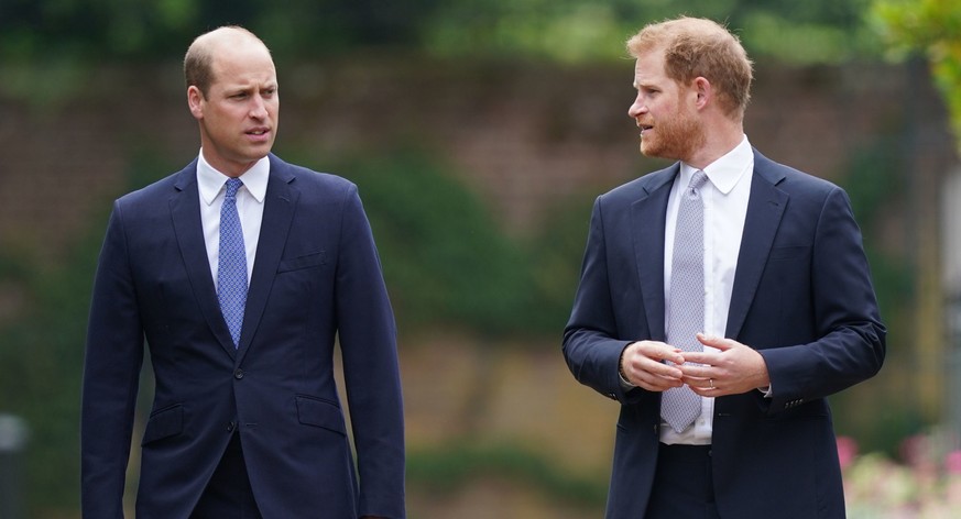 LONDON, ENGLAND - JULY 01: Prince William, Duke of Cambridge (left) and Prince Harry, Duke of Sussex arrive for the unveiling of a statue they commissioned of their mother Diana, Princess of Wales, in ...