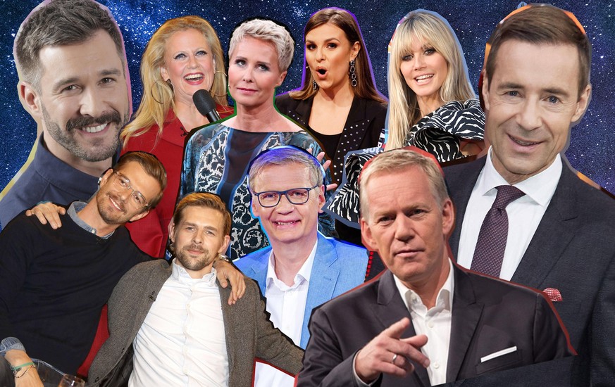 Deutschlands Showgrößen: Moderatorinnen wie Barbara Schöneberger, Sonja Zietlow, Laura Wontorra und Heidi Klum (v.l.) bekommen im Vergleich zu ihren männlichen Kollegen (Jochen Schropp, Klaas Heufer-U ...