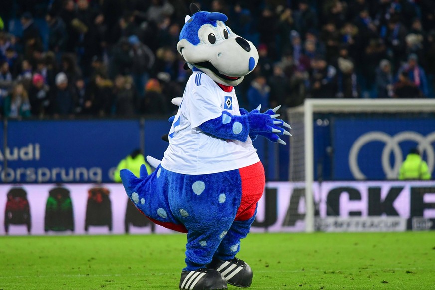 Deutschland , Hamburg , Volksparkstadion , 2 Fussball Bundesliga Hamburger SV Maskottchen Dino Hermann ( HSV ) - SpVgg Greuther Fuerth ( Fuerth ) DFL REGULATIONS PROHIBIT ANY USE OF PHOTOGRAPHS AS IMA ...