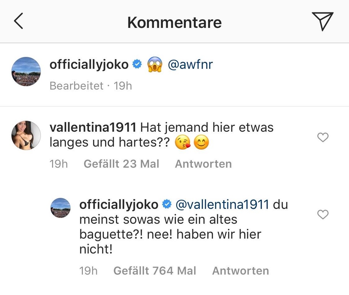 Das Profil von Joko Winterscheidt: Unter seinem letzten Beitrag fand sich auch dieser Kommentar.