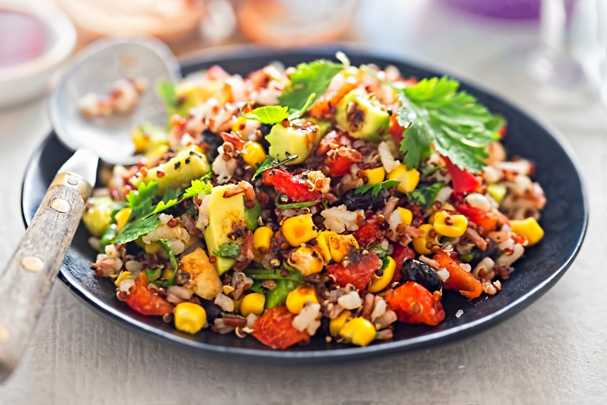 Black beans, avocado, corn, tomato, rice &amp; quinoa salad with chilli dressing