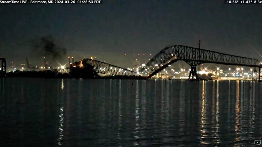 RECORD DATE NOT STATED 263200.jpg Livestream camera footage shows the moment of a large section of the Francis Scott Key Bridge in Baltimore, Maryland, falling into the water following a ship collisio ...