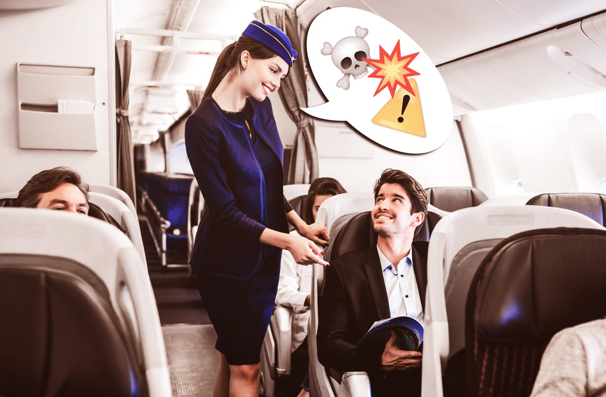 Portrait of a happy flight attendant checking on a man in the airplane