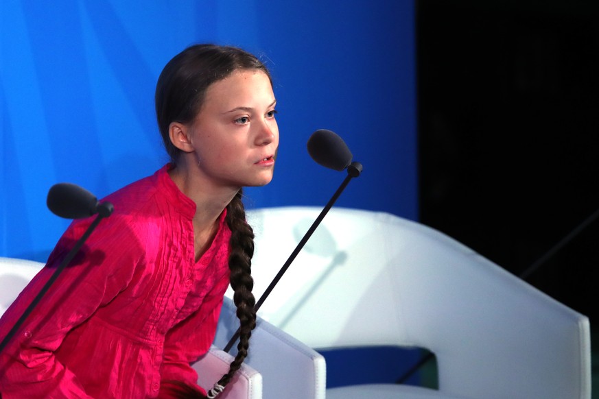 NEW YORK, NEW YORK - SEPTEMBER 23: Greta Thunberg speaks at the United Nations (U.N.) where world leaders are holding a summit on climate change on September 23, 2019 in New York City. While the U.S.  ...