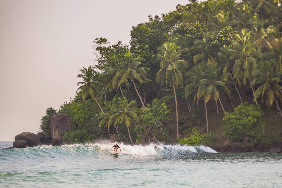 Surfer surfing at sunset at Mirissa Beach, South Coast, Sri Lanka, Southern Province, Asia PUBLICATIONxINxGERxSUIxAUTxONLY Copyright: MatthewxWilliams-Ellis 1109-1051