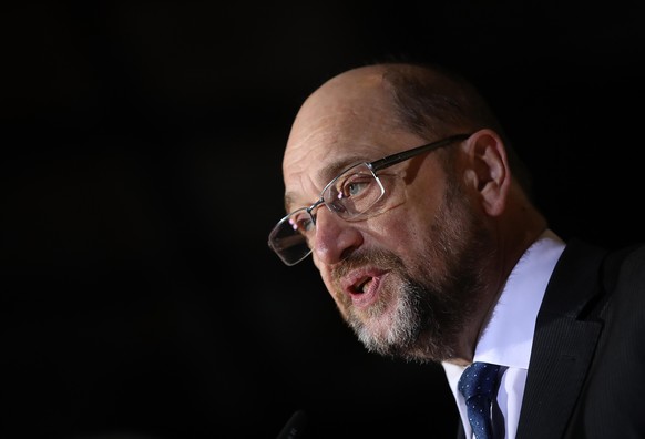 BERLIN, GERMANY - FEBRUARY 13: Martin Schulz speaks to the media to announce he is stepping down as leader of the German Social Democrats (SPD) at SPD headquarters on February 13, 2018 in Berlin, Germ ...