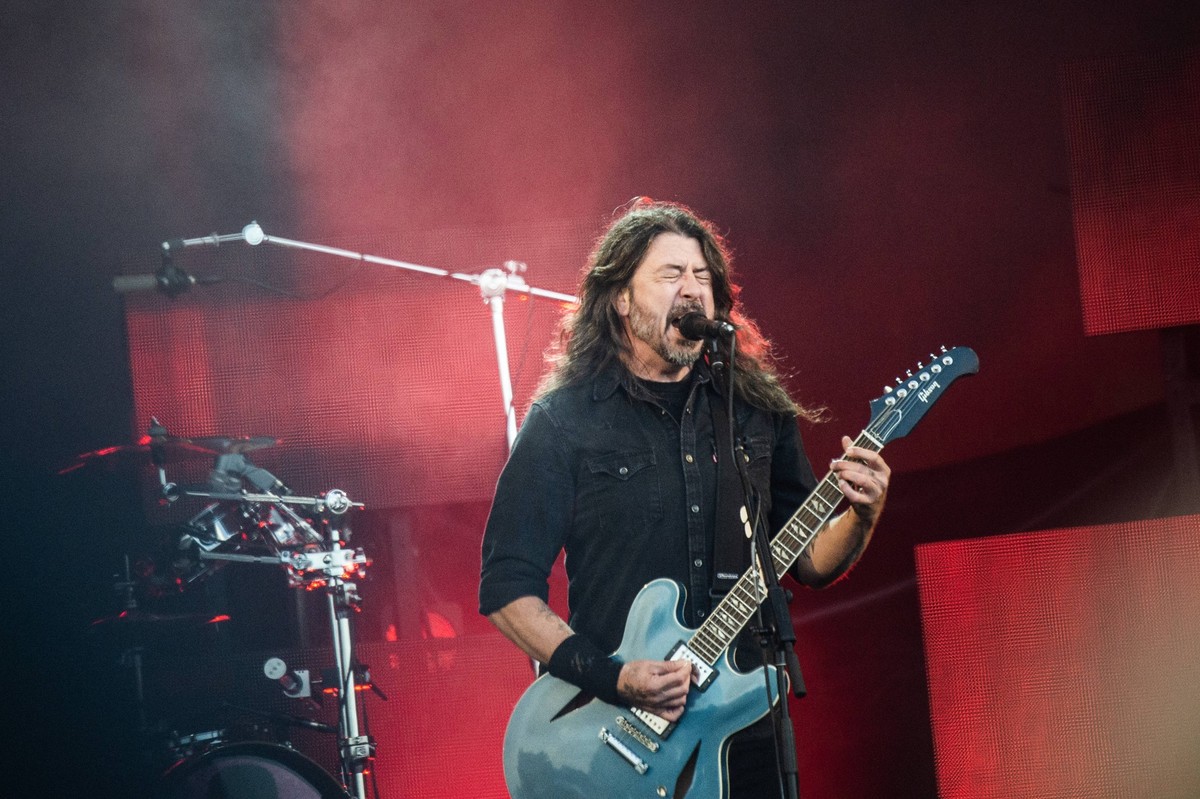 American band Foo Fighters performs on the Orange Stage at Roskilde Festival on Friday, July 5, 2024.. Photo: Helle Arensbak/Ritzau Scanpix , Roskilde Denmark *** American band Foo Fighters performs o ...