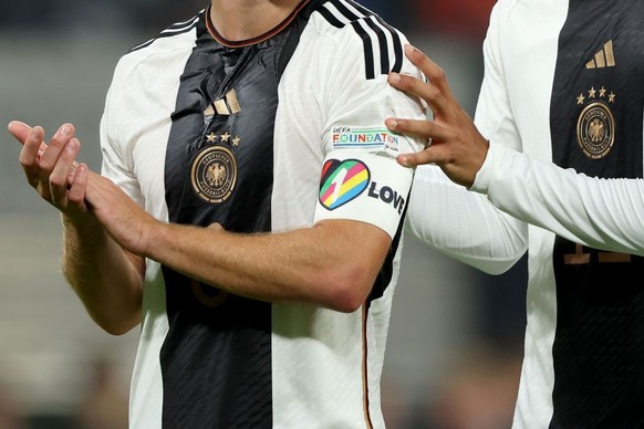 LEIPZIG, GERMANY - SEPTEMBER 23: The Captains 1 Love armband of Germany during the UEFA Nations League League A Group 3 match between Germany and Hungary at Red Bull Arena on September 23, 2022 in Lei ...