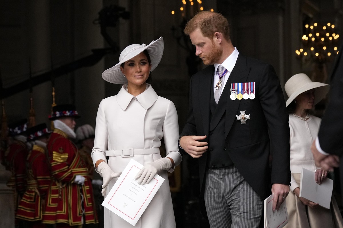 Prince Harry and Meghan Markle, Duke and Duchess of Sussex leave after a service of thanksgiving for the reign of Queen Elizabeth II at St Paul&#039;s Cathedral in London, Friday, June 3, 2022 on the  ...