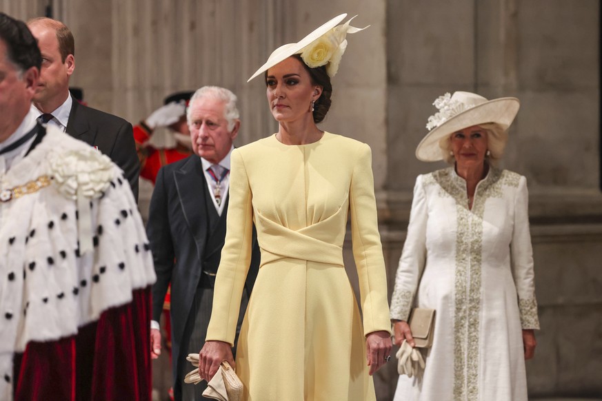 Kate, Duchess of Cambridge, Prince William, Camilla, Duchess of Cornwall and Prince Charles arrive to attend a service of thanksgiving for the reign of Queen Elizabeth II at St Paul’s Cathedral in Lon ...
