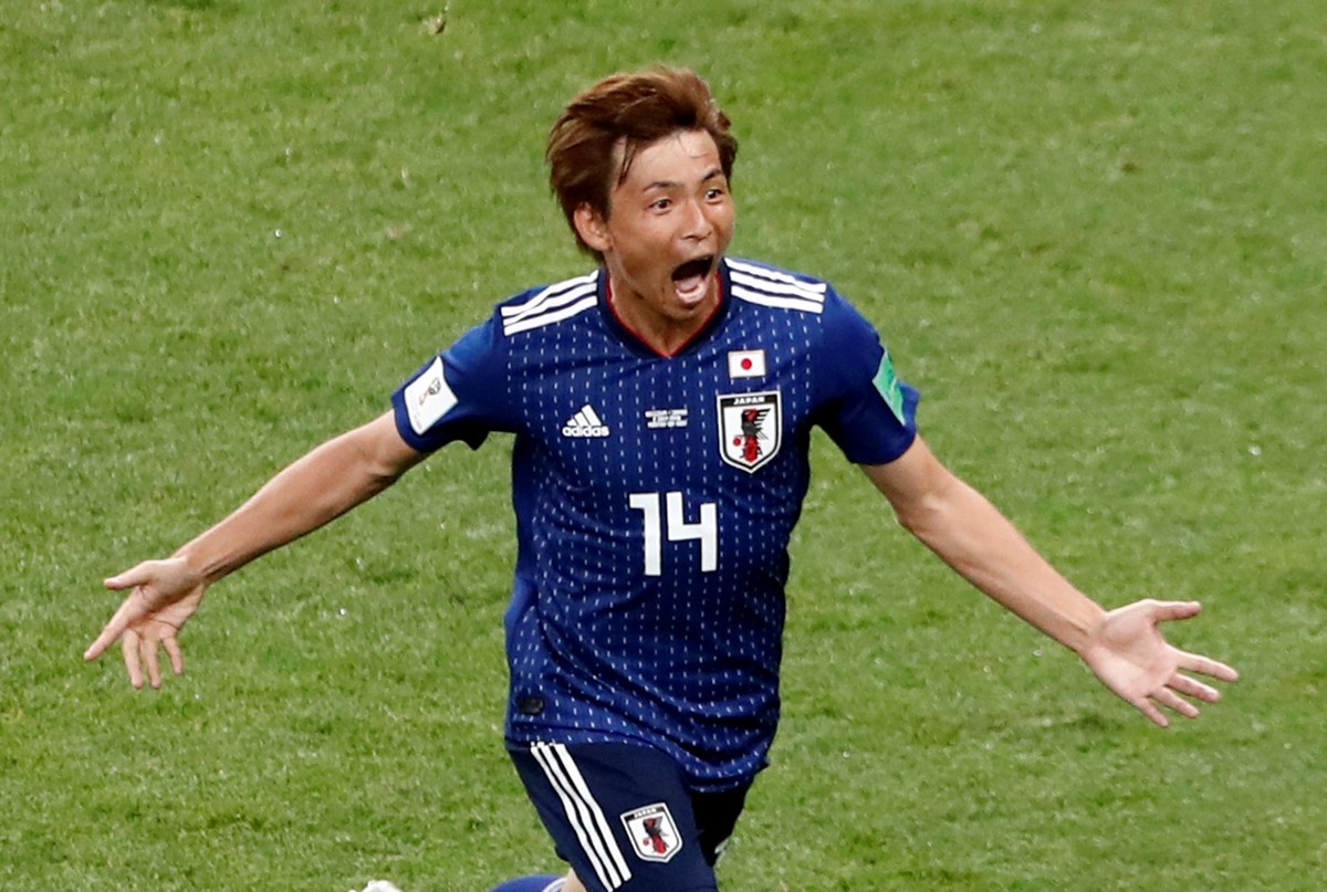 Soccer Football - World Cup - Round of 16 - Belgium vs Japan - Rostov Arena, Rostov-on-Don, Russia - July 2, 2018 Japan&#039;s Takashi Inui celebrates scoring their second goal REUTERS/Murad Sezer