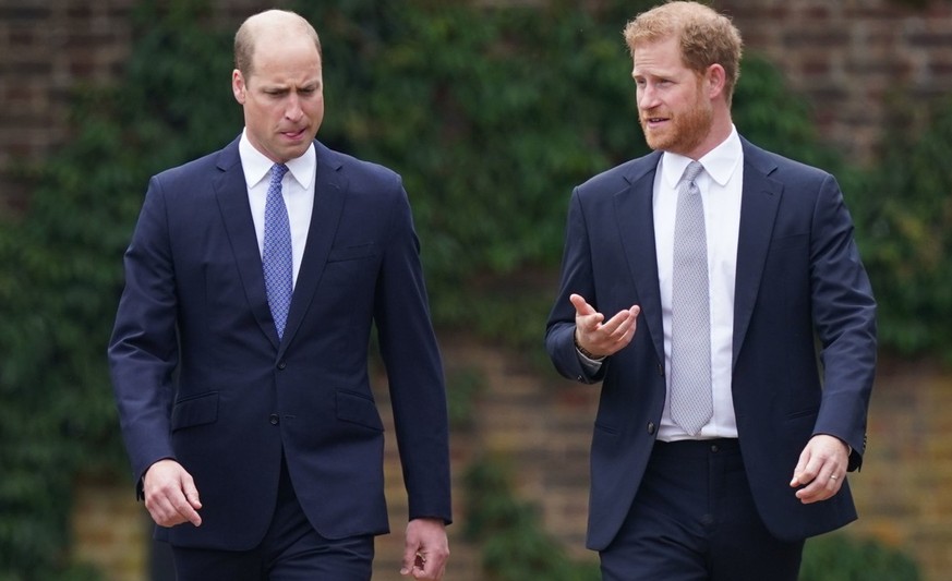 LONDON, ENGLAND - JULY 01: Prince William, Duke of Cambridge (left) and Prince Harry, Duke of Sussex arrive for the unveiling of a statue they commissioned of their mother Diana, Princess of Wales, in ...