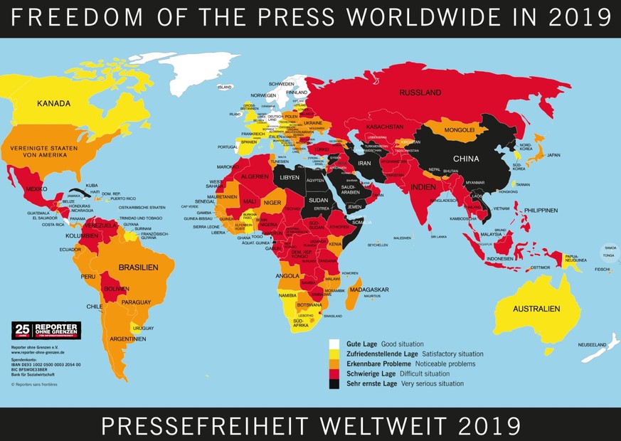 Aserbaidschan (der schwarze Fleck nordwestlich des Iran) ist eines der wenigen Länder, dem von "Reporter ohne Grenzen" eine "sehr ernste Lage" attestiert wird, was die Pressefreiheit angeht. Es steht damit u. a. in einer Reihe mit China, Saudi-Arabien, Somalia und Kuba.