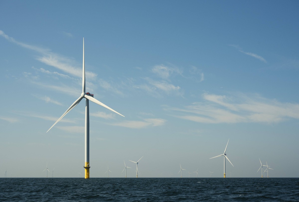 Netherlands, Zeeland, Domburg, Sky over offshore wind farm in North Sea, MKJF00004