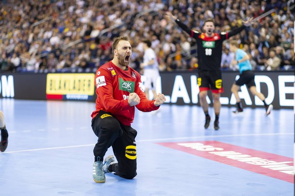 Torhueter Andreas Wolff (Nr. 33, Deutschland) freut sich nach einer Parade. Korea vs. Deutschland, Vorrunde, Handball, IHF Handball Weltmeisterschaft, 10.01.19 Berlin Berlin Germany Mercedes-Benz-Aren ...