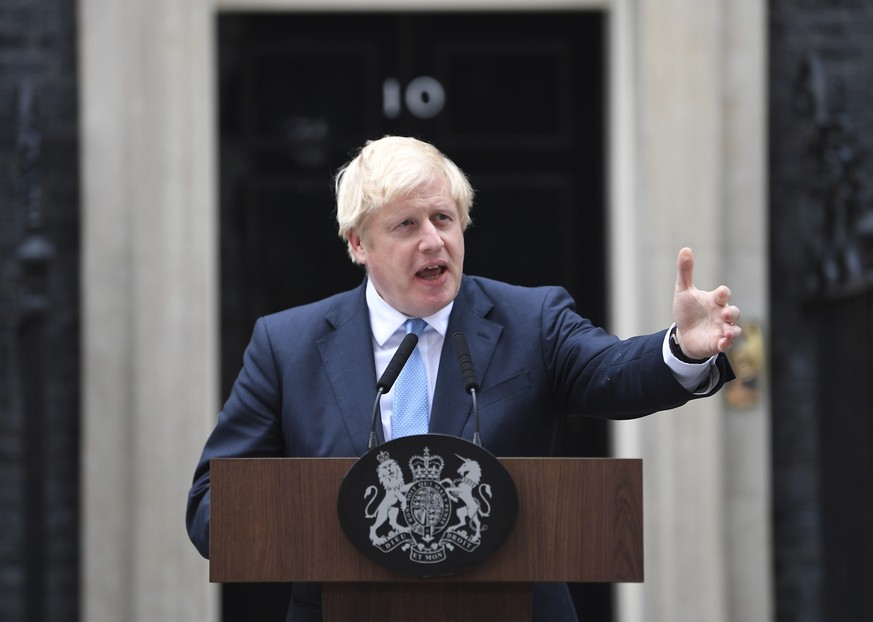 Britain&#039;s Prime Minister Boris Johnson speaks to the media outside 10 Downing Street in London, Monday, Sept. 2, 2019. Johnson says chances of a Brexit deal are rising (Victoria Jones/PA via AP)