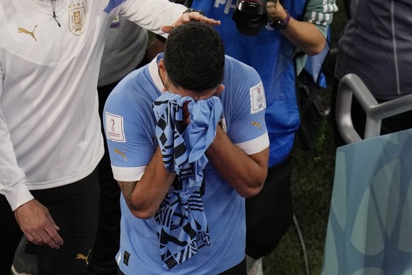 FILE - Uruguay's Luis Suarez cries at the end of the World Cup group H soccer match between Ghana and Uruguay, at the Al Janoub Stadium in Al Wakrah, Qatar, Friday, Dec. 2, 2022. (AP Photo/Aijaz Rahi, ...