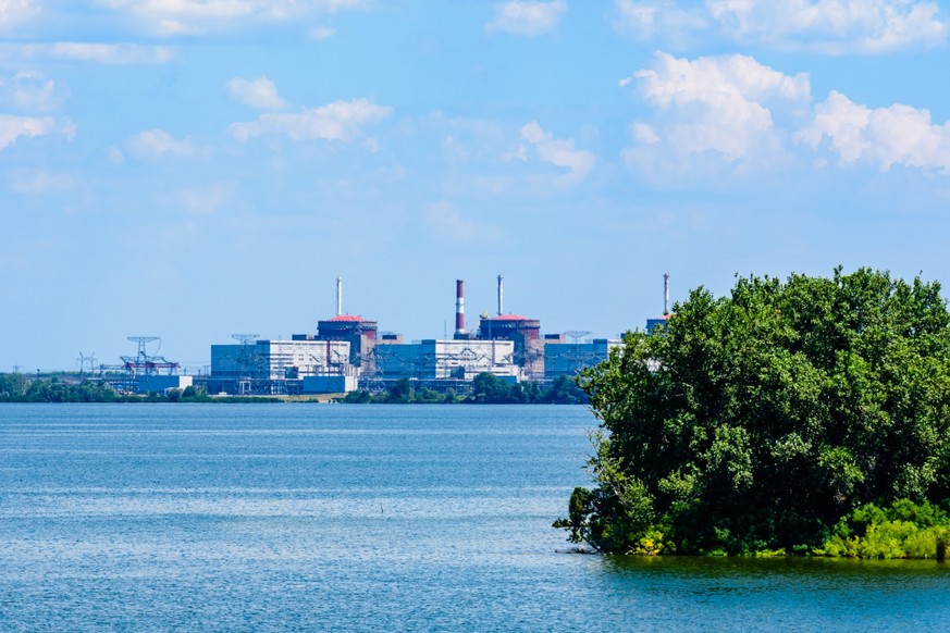 Smoke pipes and buildings of Zaporizhzhia Nuclear Power Station near city Enerhodar, Ukraine