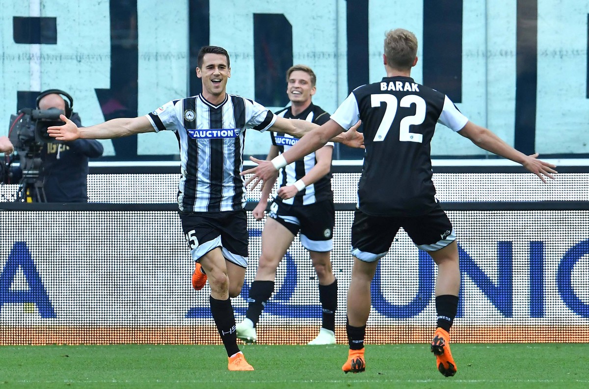 IPP20180408 Football - soccer: Serie A, Udinese Calcio - Lazio Rom, Kevin Lasagna festeggia il gol del 1-0 (Hinweis: Verwendung nur in Deutschland - only Germany) *** IPP20180408 Football soccer Serie ...