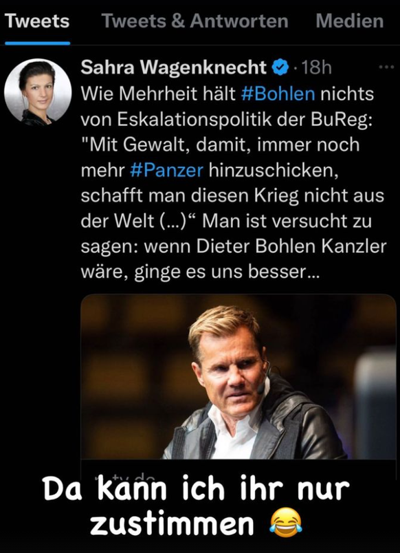 Dieter Bohlen stimmt Sahra Wagenknecht in seiner Instagram-Story zu.