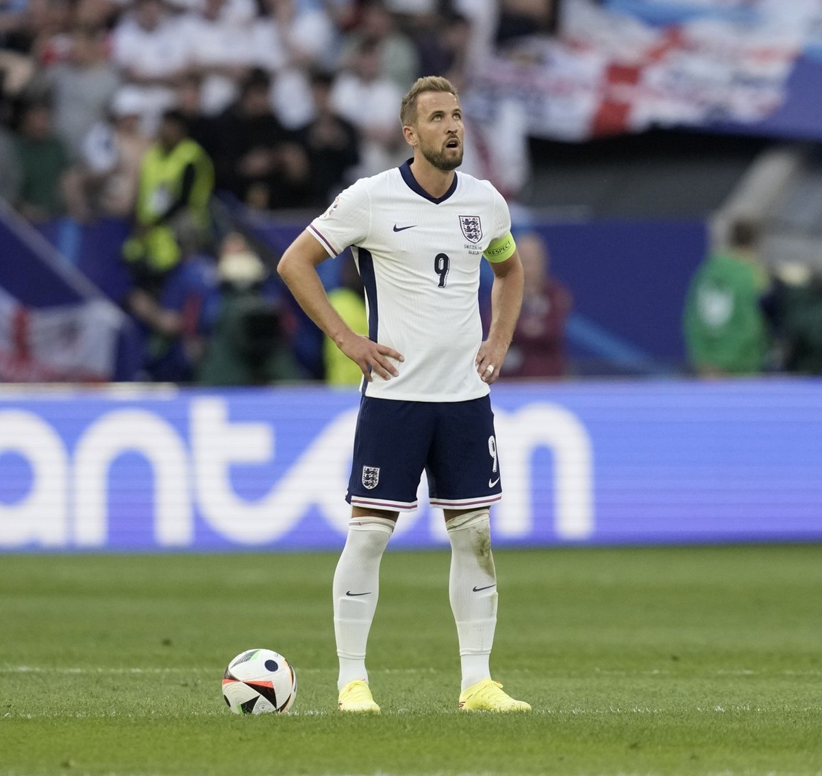 England&#039;s Harry Kane reacts during a quarterfinal match between England and Switzerland at the Euro 2024 soccer tournament in Duesseldorf, Germany, Saturday, July 6, 2024. (AP Photo/Thanassis Sta ...