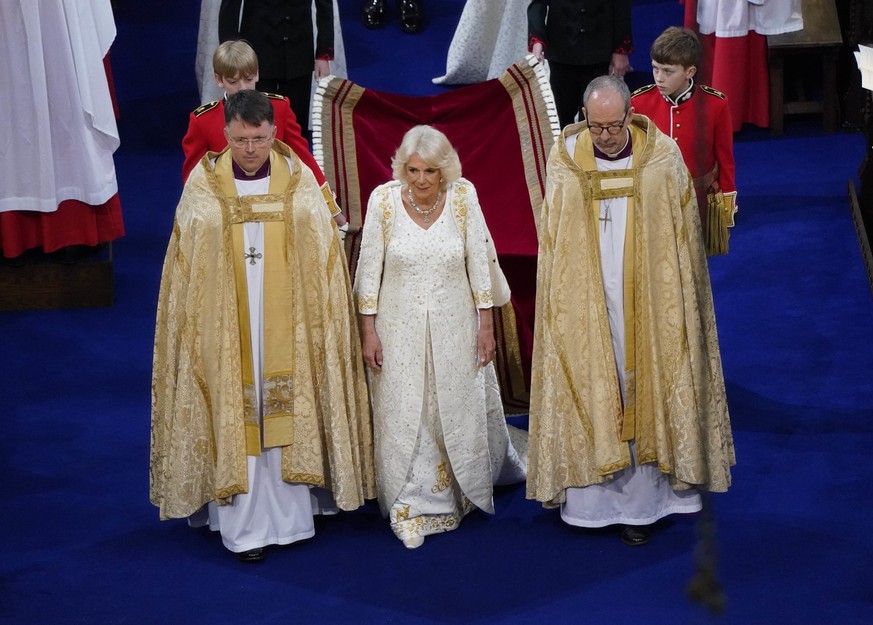 Camilla, the Queen Consort arrives for the coronation at Westminster Abbey, in London, Saturday, May 6, 2023. (Andrew Matthews/Pool via AP)