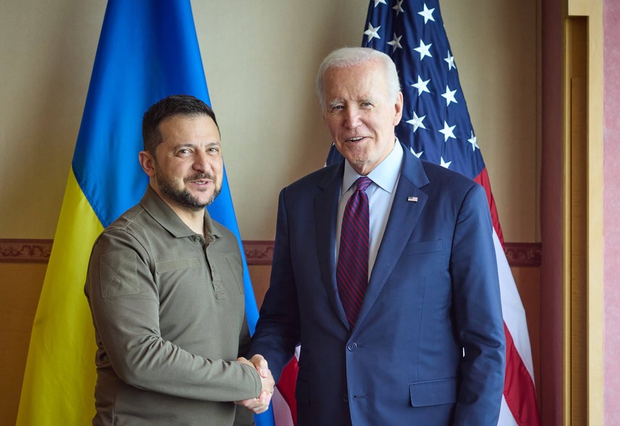 US President Joe Biden R and Ukraine s President Volodymyr Zelensky take part in a bilateral meeting, on Sunday, May 21, 2023, on the final day of a three-day G-7 summit in Hiroshima, Japan. The final ...