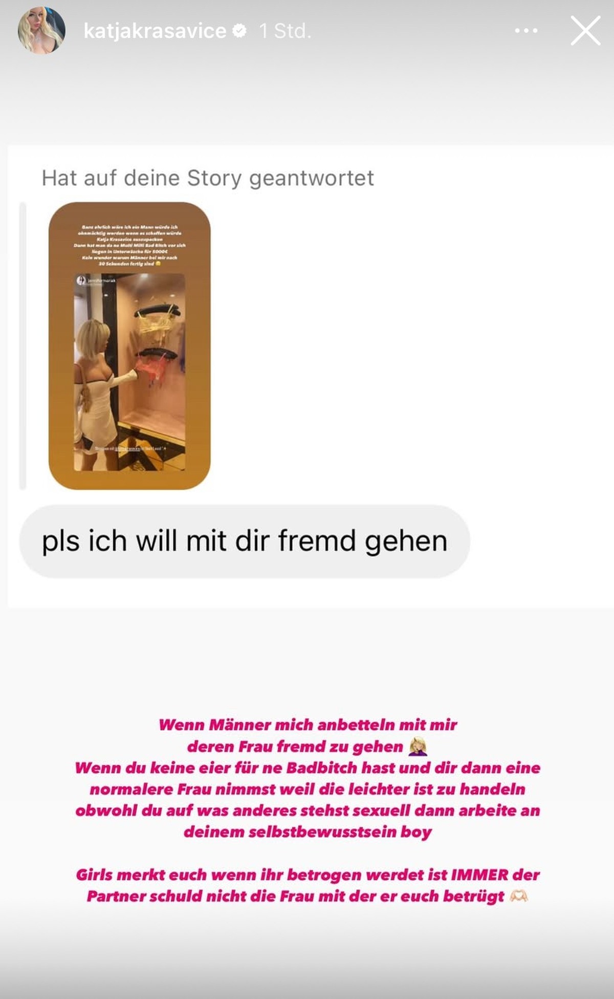 Katja Krasavice reagiert auf ein zweifelhaftes Angebot.