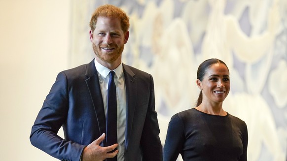 FILE - Prince Harry and Meghan Markle arrive at United Nations headquarters, Monday, July 18, 2022. A spokesperson for Prince Harry and his wife Meghan says the couple were involved in a car chase whi ...