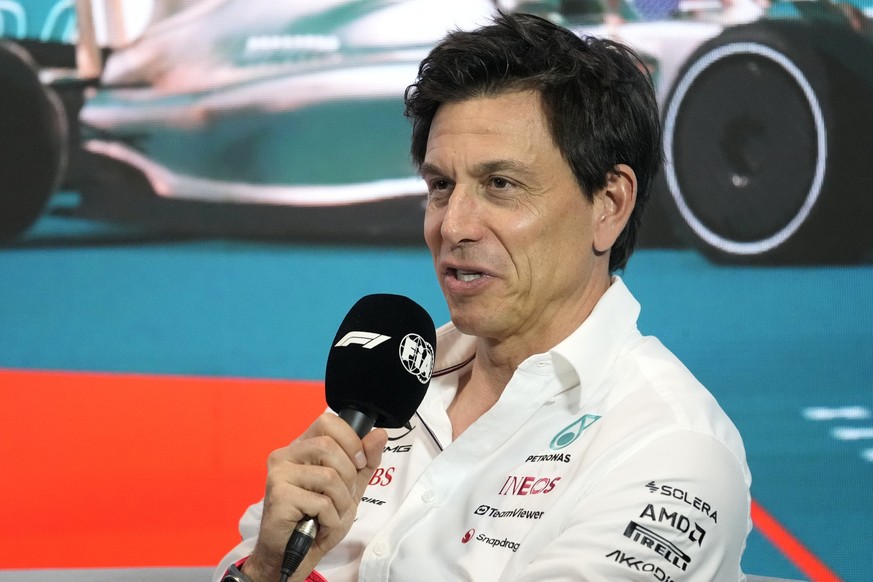 Mercedes team principal Toto Wolff speaks during a news conference in advance of the Formula One Miami Grand Prix auto race, Friday, May 5, 2023, at Miami International Autodrome in Miami Gardens, Fla ...